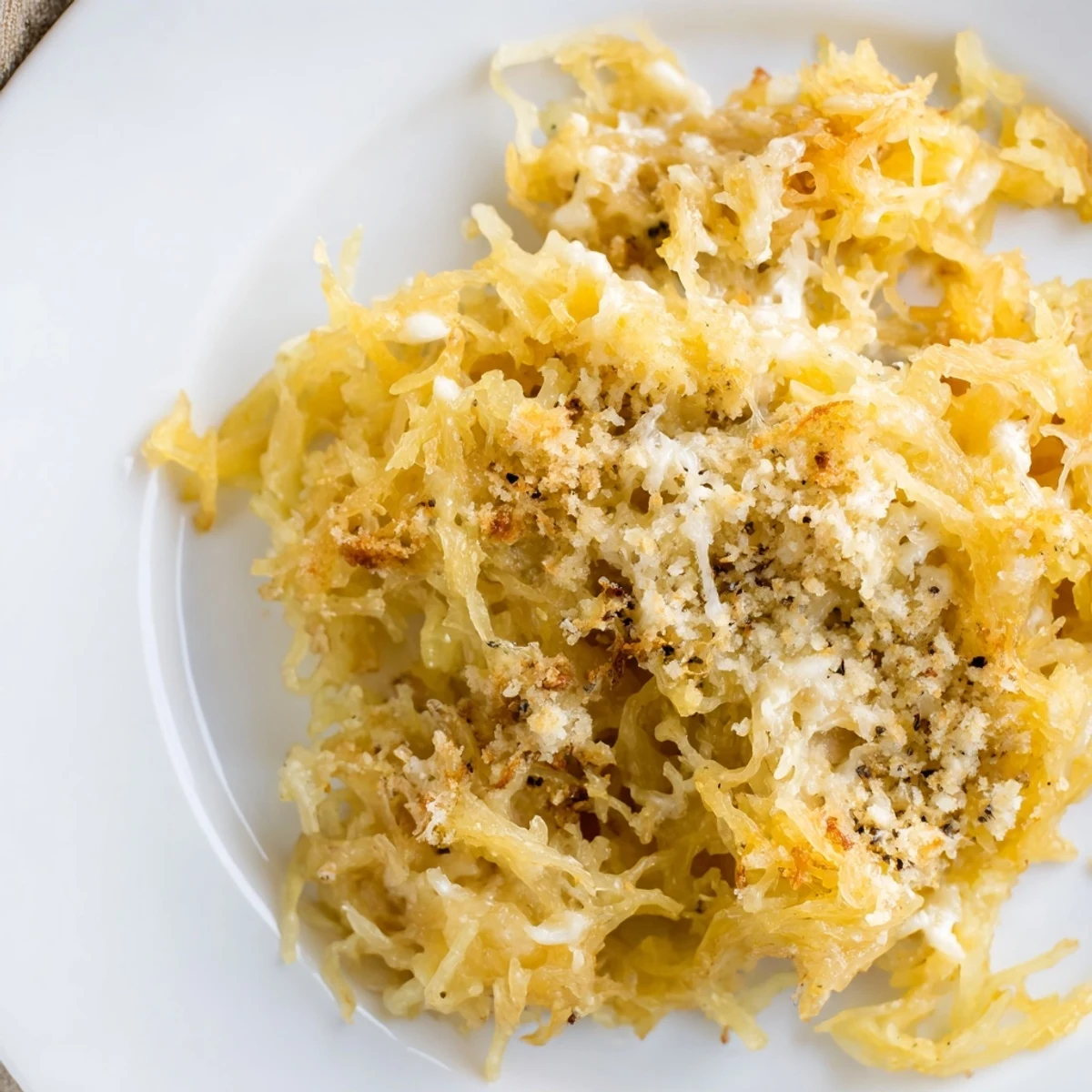 Warm Spaghetti Squash Mac Cheese served bubbling in a rustic casserole dish