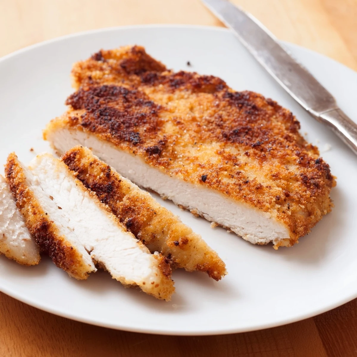 Fried Chicken Breast golden-crisp exterior, juicy interior plated with mashed potatoes.