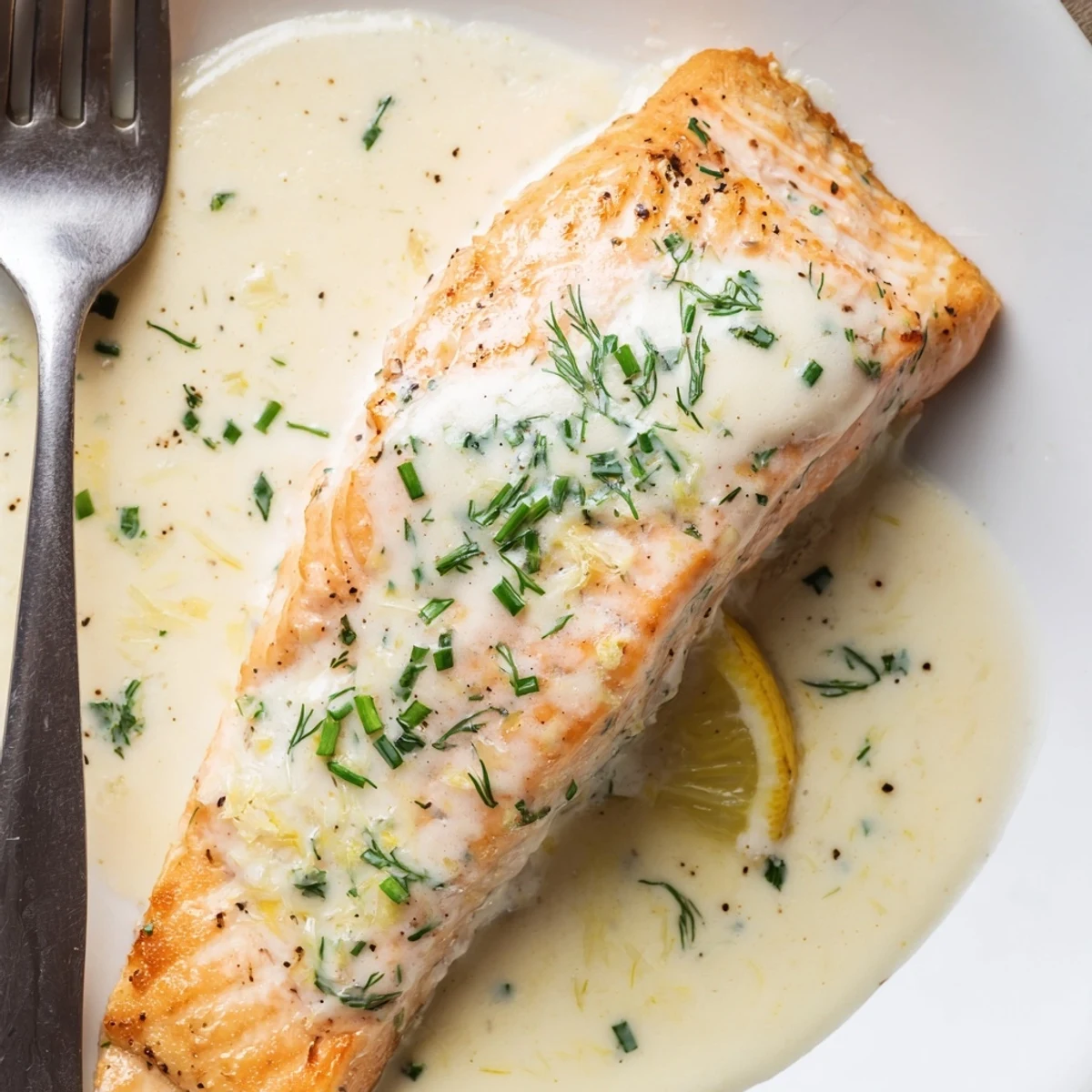 Pan-seared Salmon With Lemon Cream Sauce, golden fillets draped in velvety sauce
