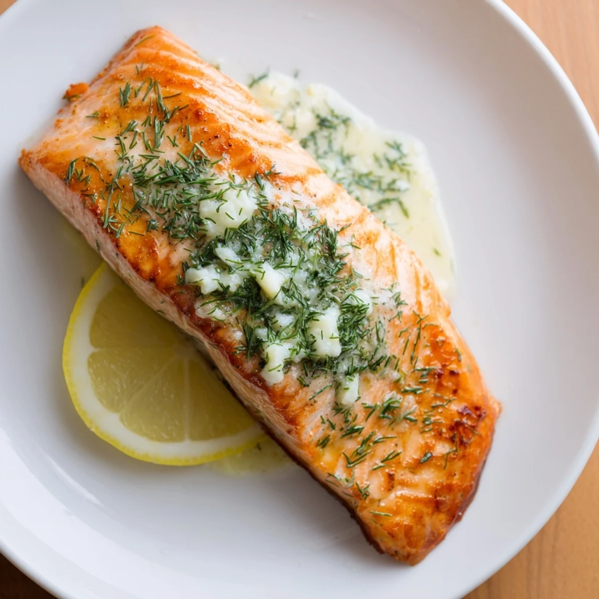Plated Salmon With Lemon Cream Sauce beside roasted potatoes, zesty aroma and garnish