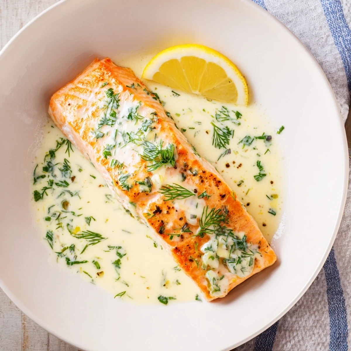 Skillet-finished Salmon With Lemon Cream Sauce, flaky texture, fresh dill and lemon