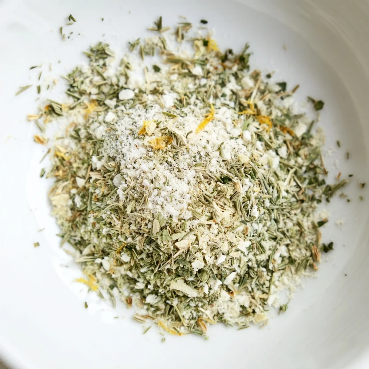 Rustic bowl of Dehydrated Tzatziki Seasoning Mix smelling lemony, garlicky
