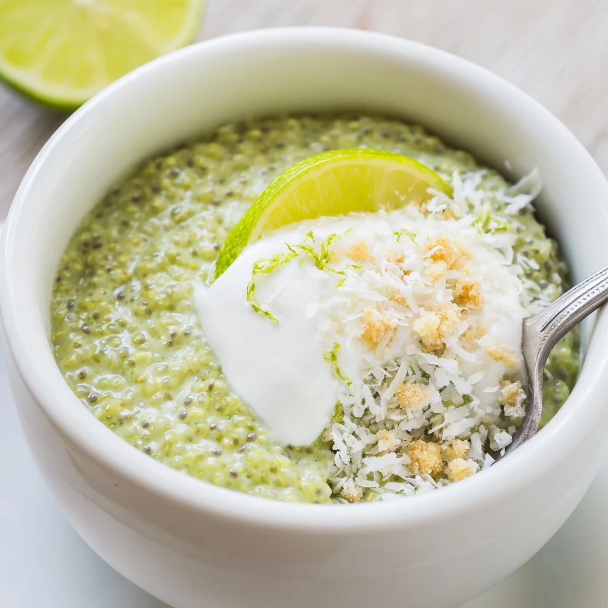 Key Lime Chia Pudding in tall jar, tangy aroma and silky creaminess  