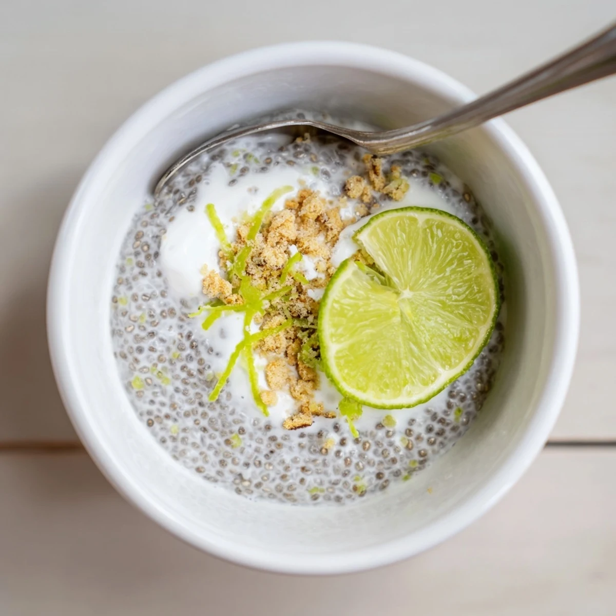 Creamy Key Lime Chia Pudding topped with crushed graham crackers and coconut  