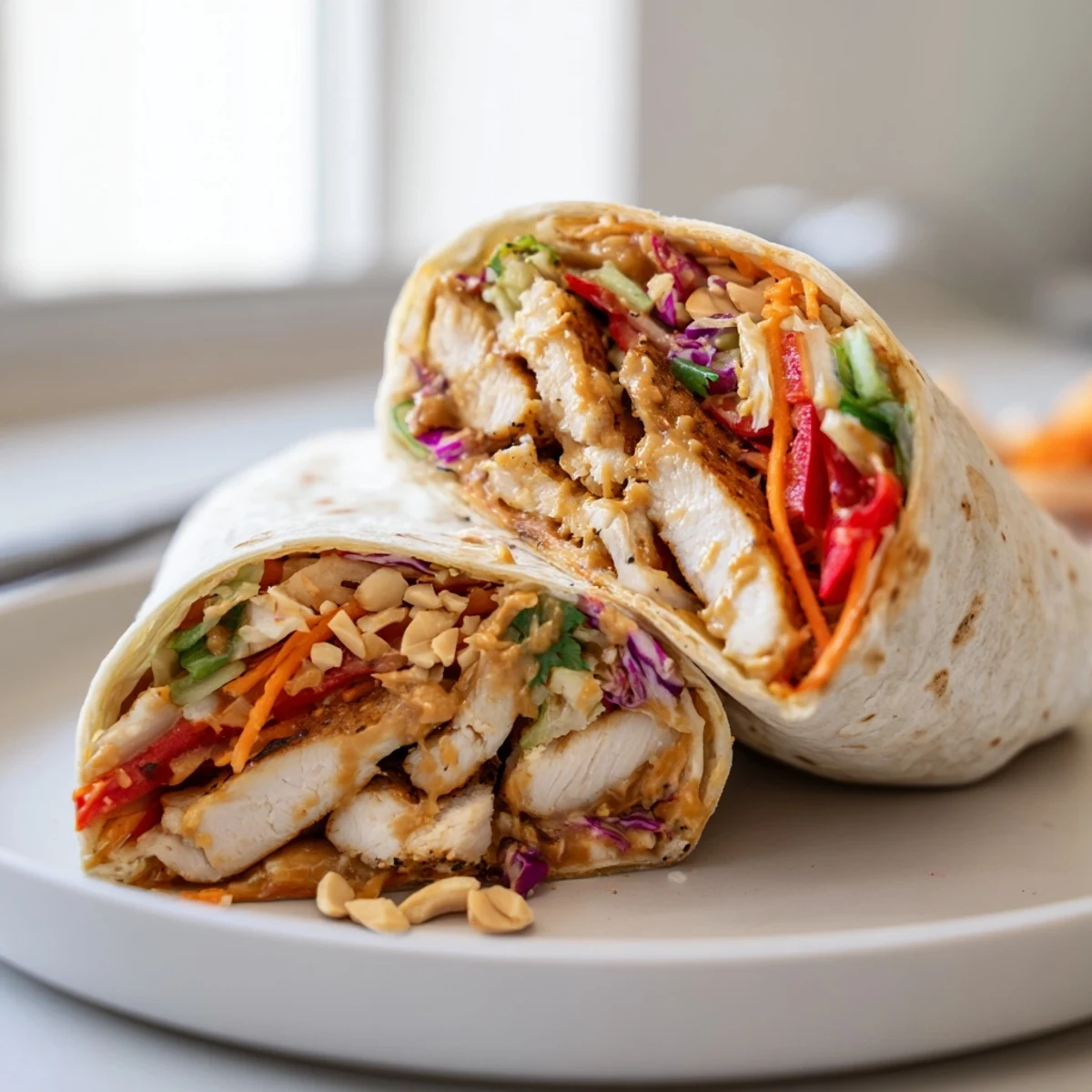 Thai Peanut Chicken Wraps with tender chicken, creamy sauce, crisp colorful vegetables