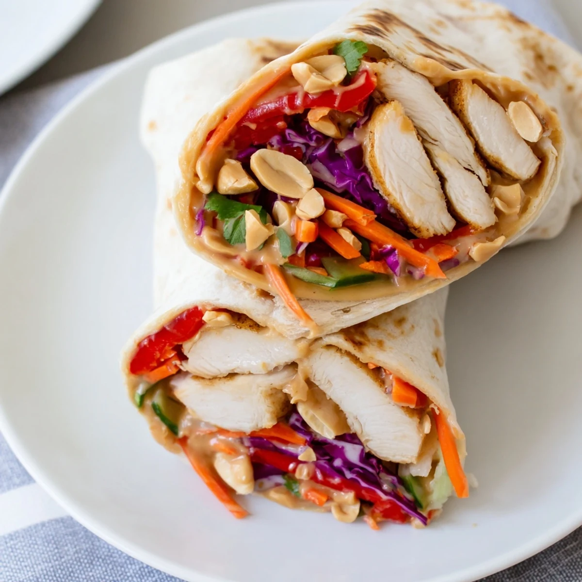 Warm Thai Peanut Chicken Wraps sliced in half, crunchy cabbage and peanuts