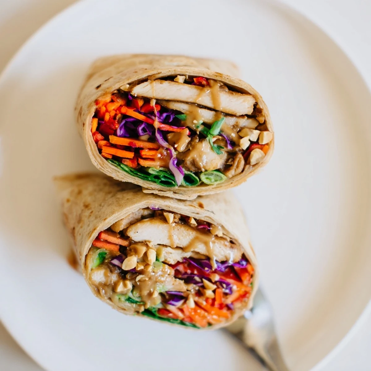 Quick Thai Peanut Chicken Wraps served with lime wedge, aromatic cilantro garnish