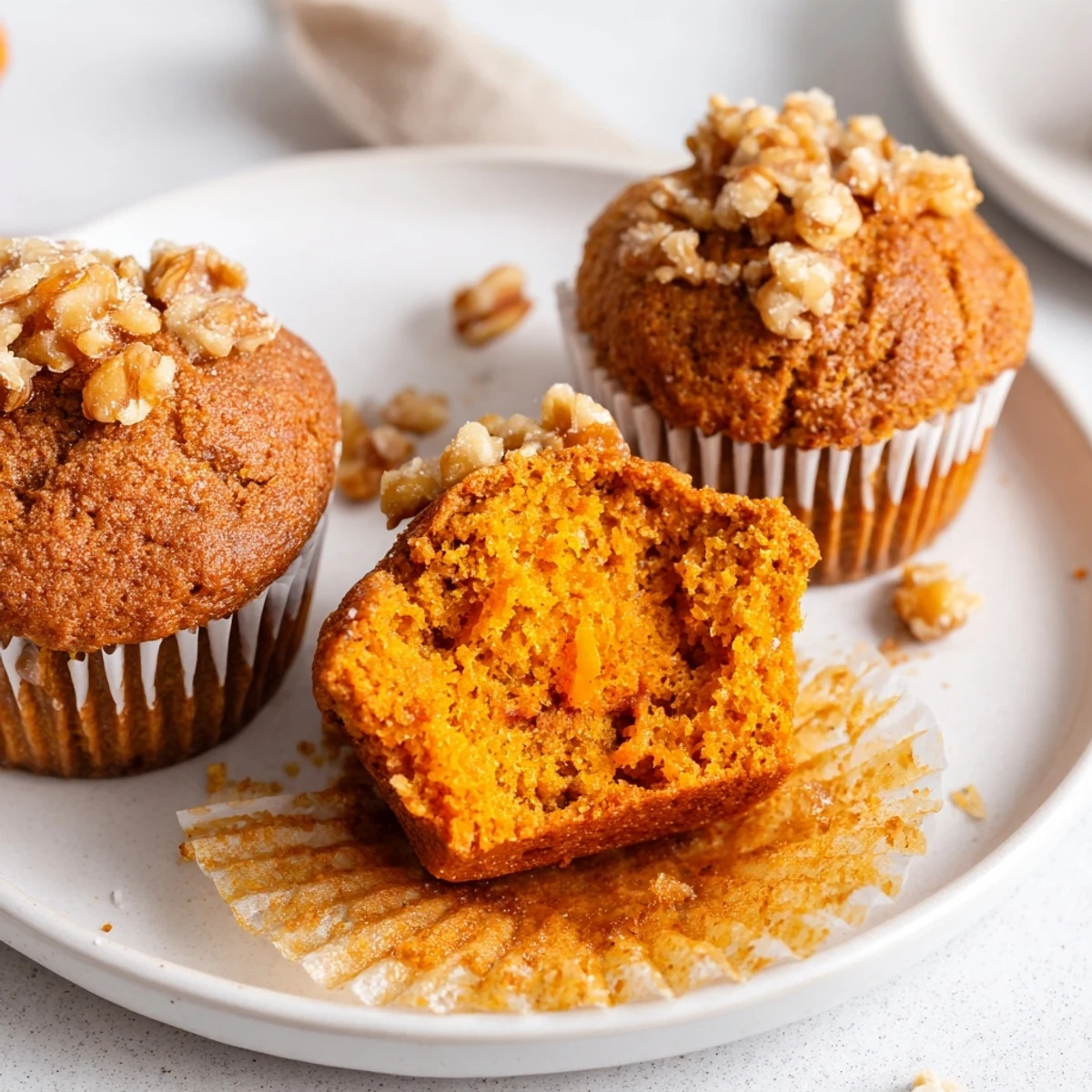 A stack of Butternut Squash Banana Muffins beside roasted squash and bananas