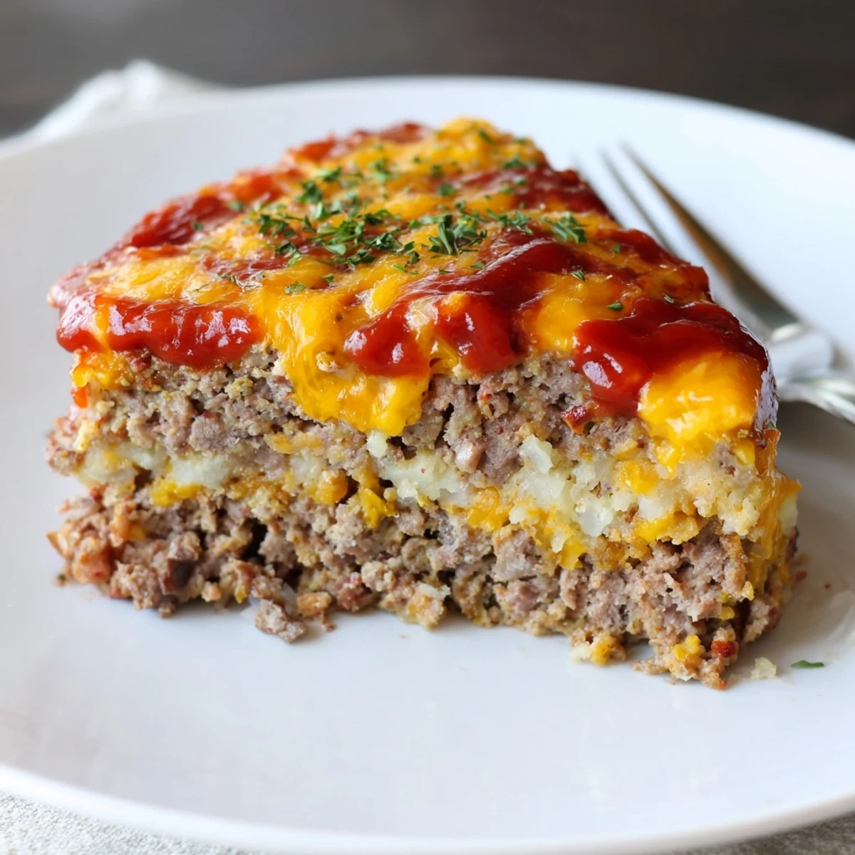 Meatloaf Casserole with golden melted cheddar, steaming, ready for family dinner.