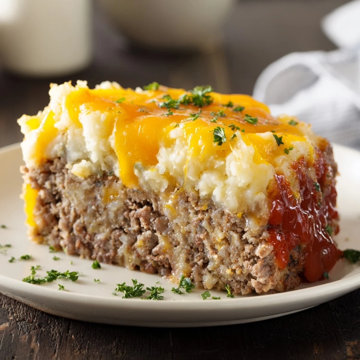 Thick slice of Meatloaf Casserole on white plate, creamy mashed potatoes and parsley.