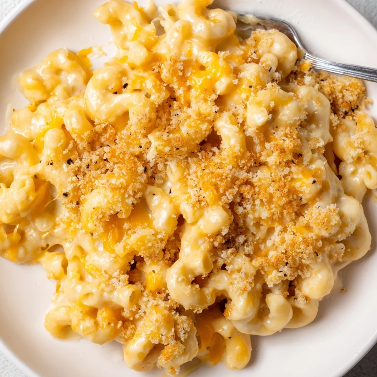 Creamy Mac And Cheese bubbling in a casserole dish, golden breadcrumb topping
