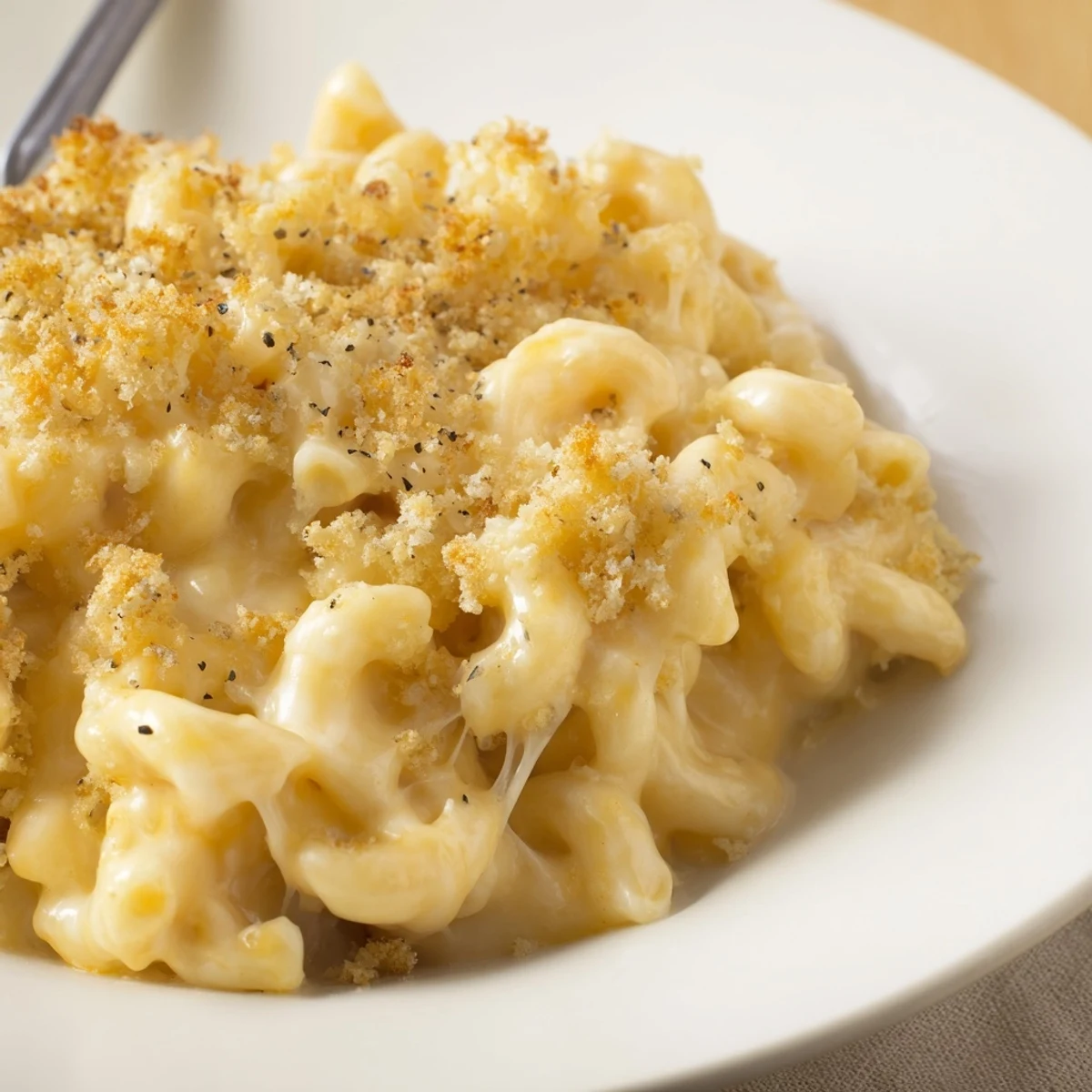 Velvety Mac And Cheese spooned onto plate, steam rising, sharp cheddar aroma