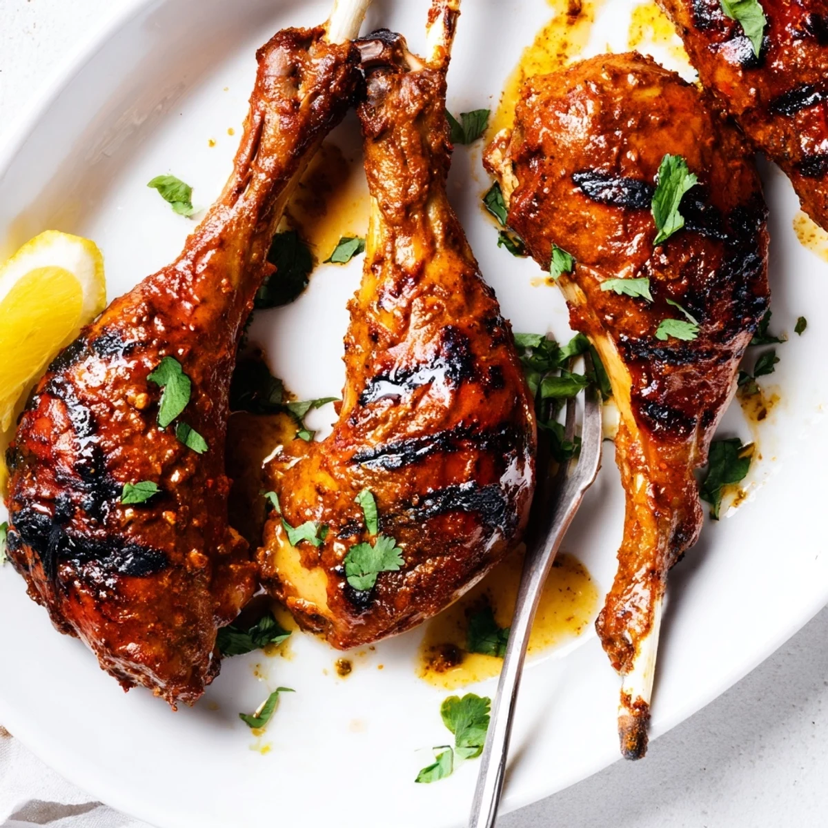 Oven roasted Tandoori Chicken showing deep red spice crust, served with naan