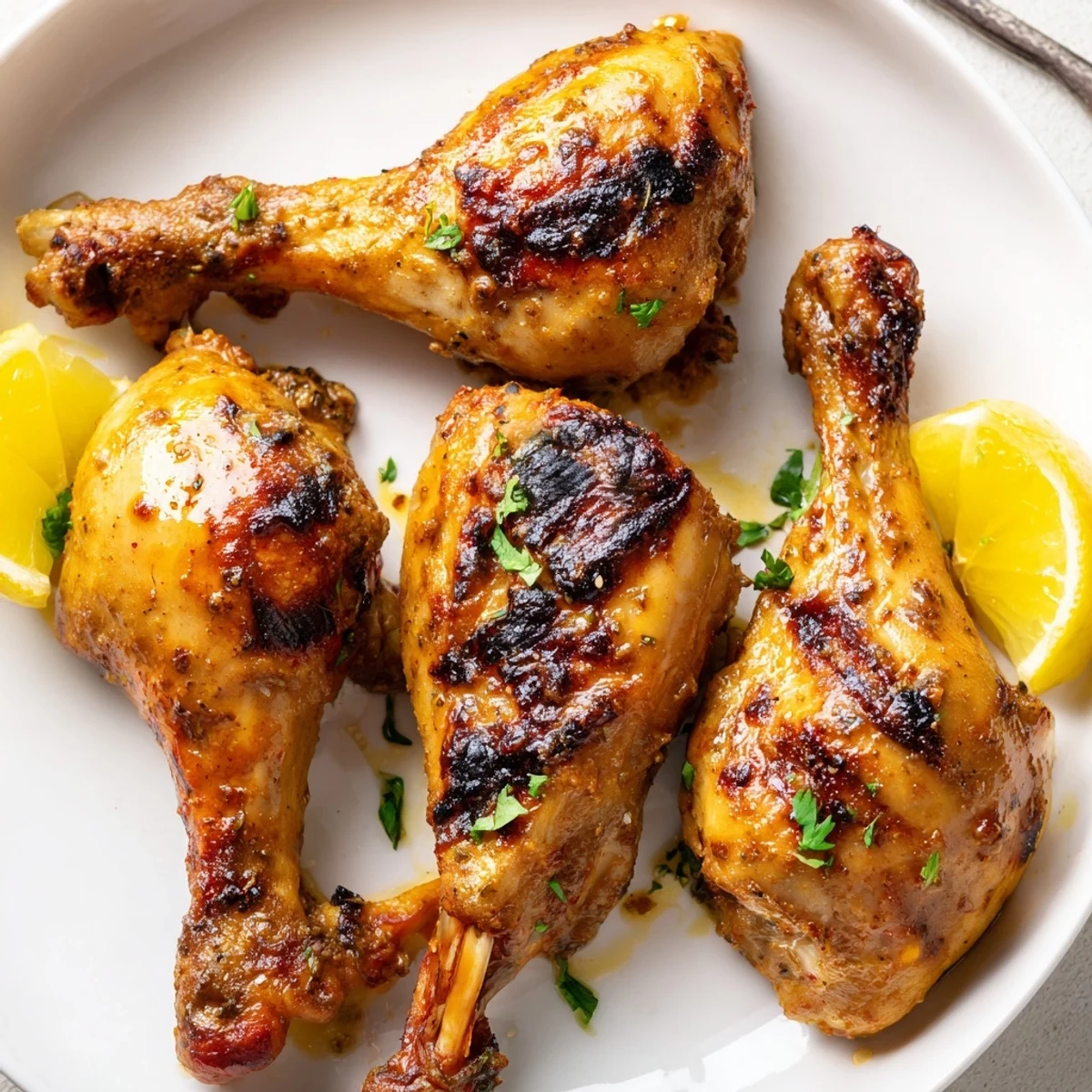 Grilled Tandoori Chicken resting on a rack, smoky aroma, lemon wedges nearby