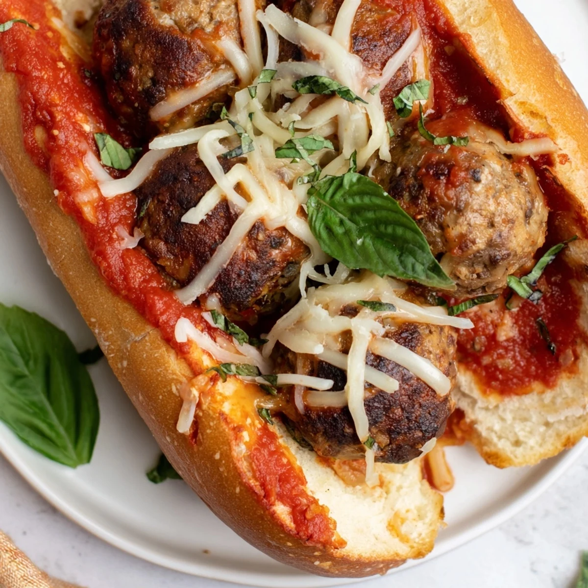 Cheesy Meatball Subs steaming with melted mozzarella, golden toasted rolls, basil garnish.