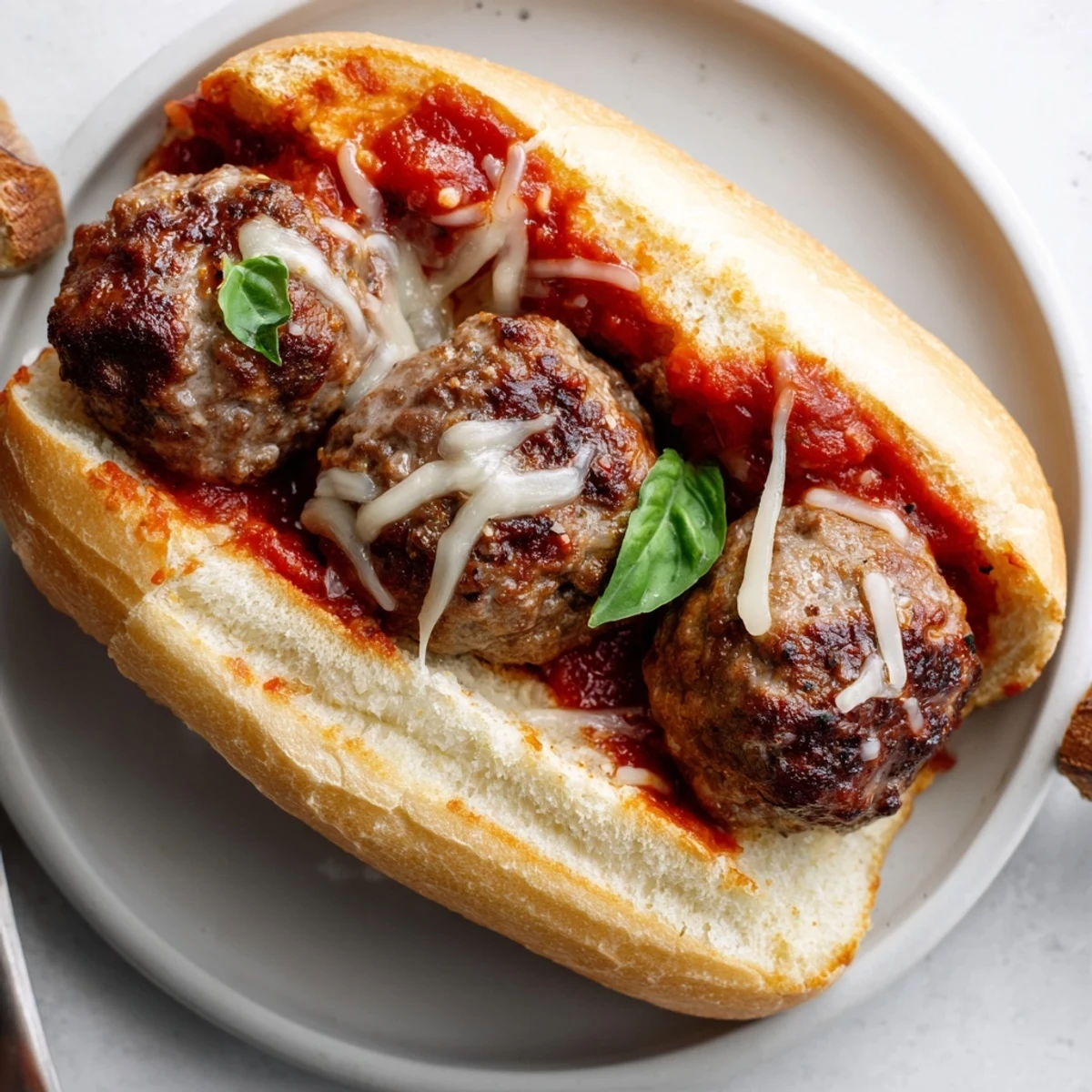 Oven-broiled Cheesy Meatball Subs oozing sauce, juicy beef meatballs, crisp edges.