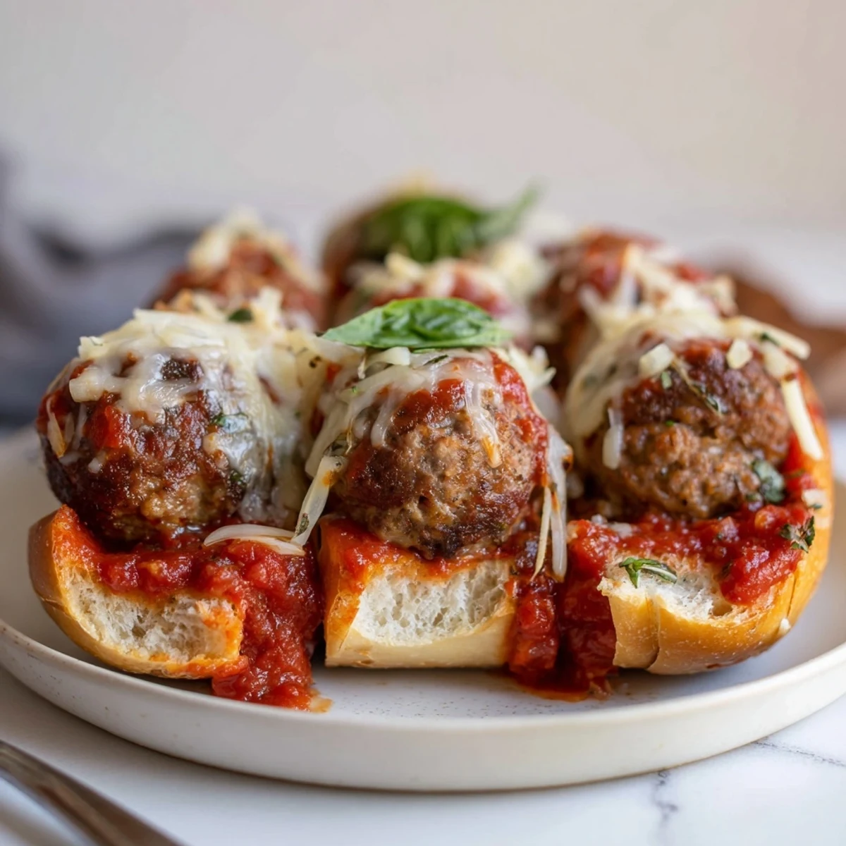 Family-style Cheesy Meatball Subs arranged on baking sheet, ready to serve.