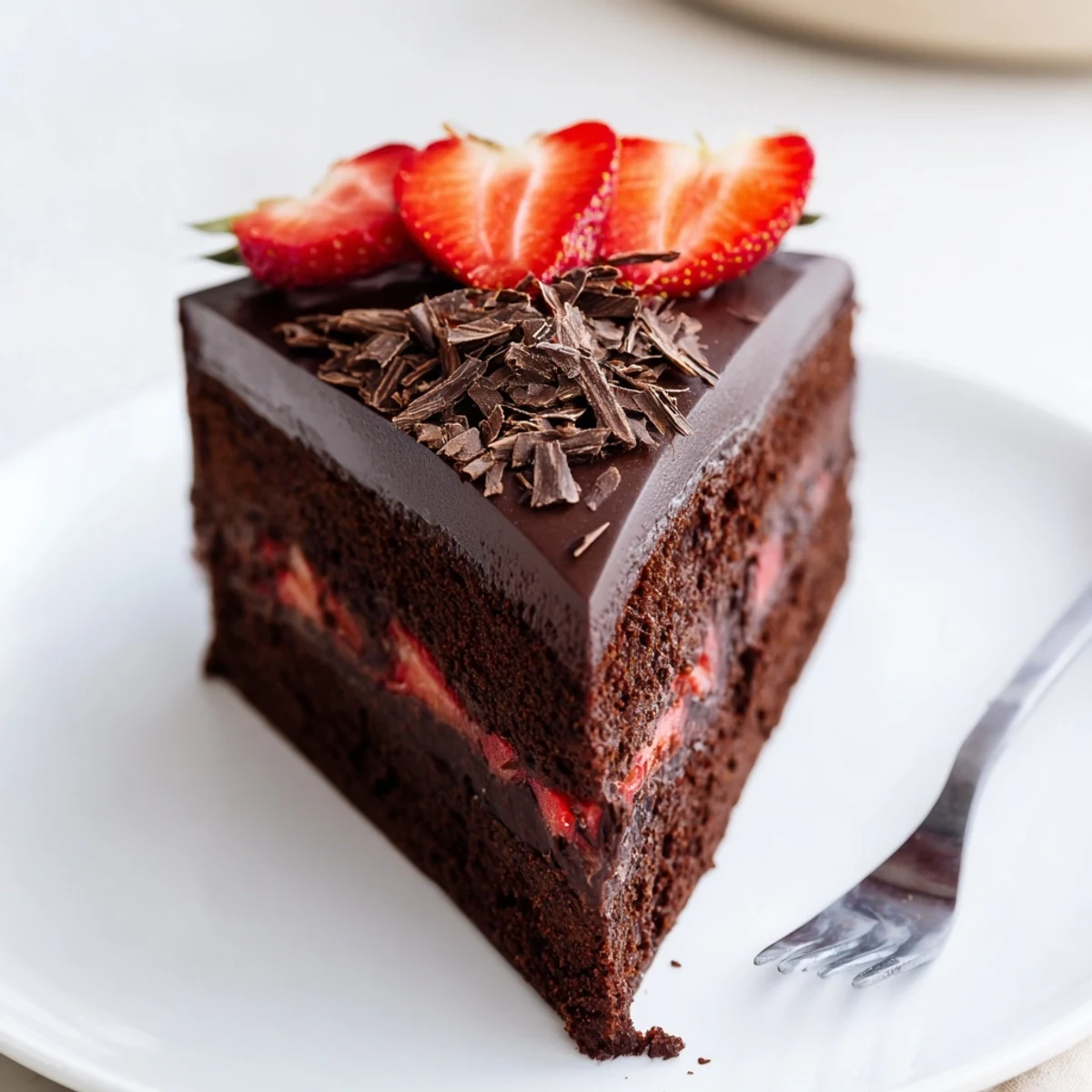 Strawberry Chocolate Cake with glossy ganache, sliced strawberries and chocolate shavings.