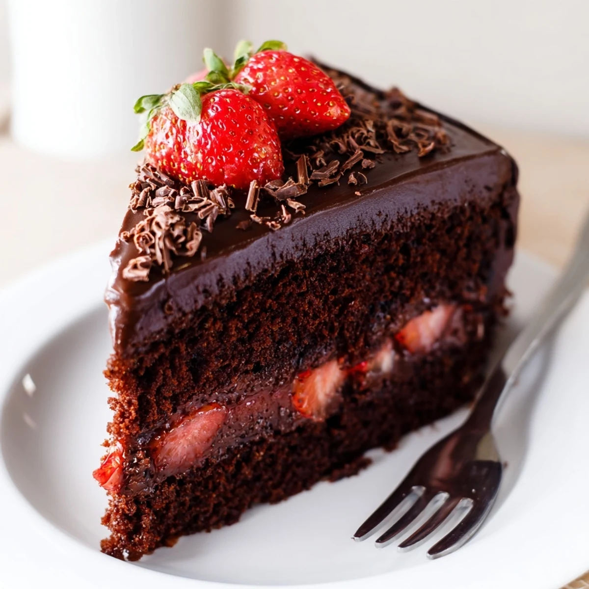 Moist Strawberry Chocolate Cake layered with fresh strawberries, chilled for cleaner slices.