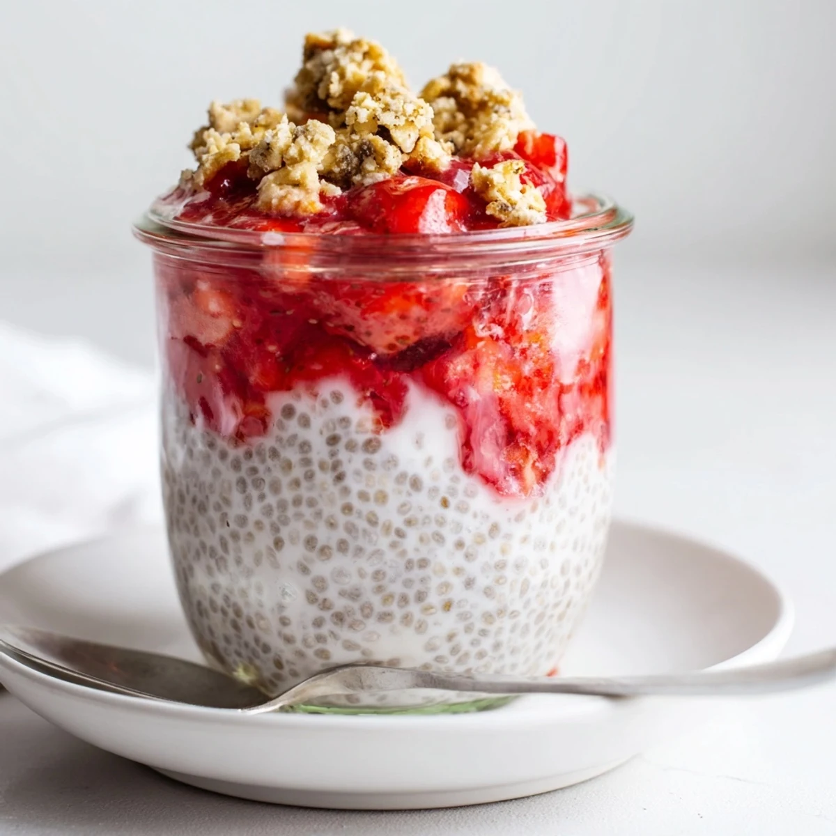 Creamy Strawberry Crumble Chia Pudding layered with juicy berries and crunchy oats