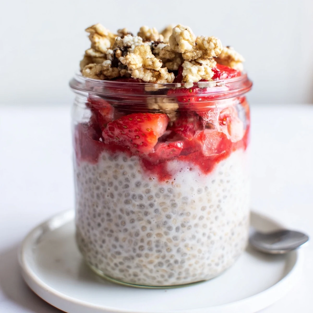 Glass jar of Strawberry Crumble Chia Pudding topped with golden toasted crumble
