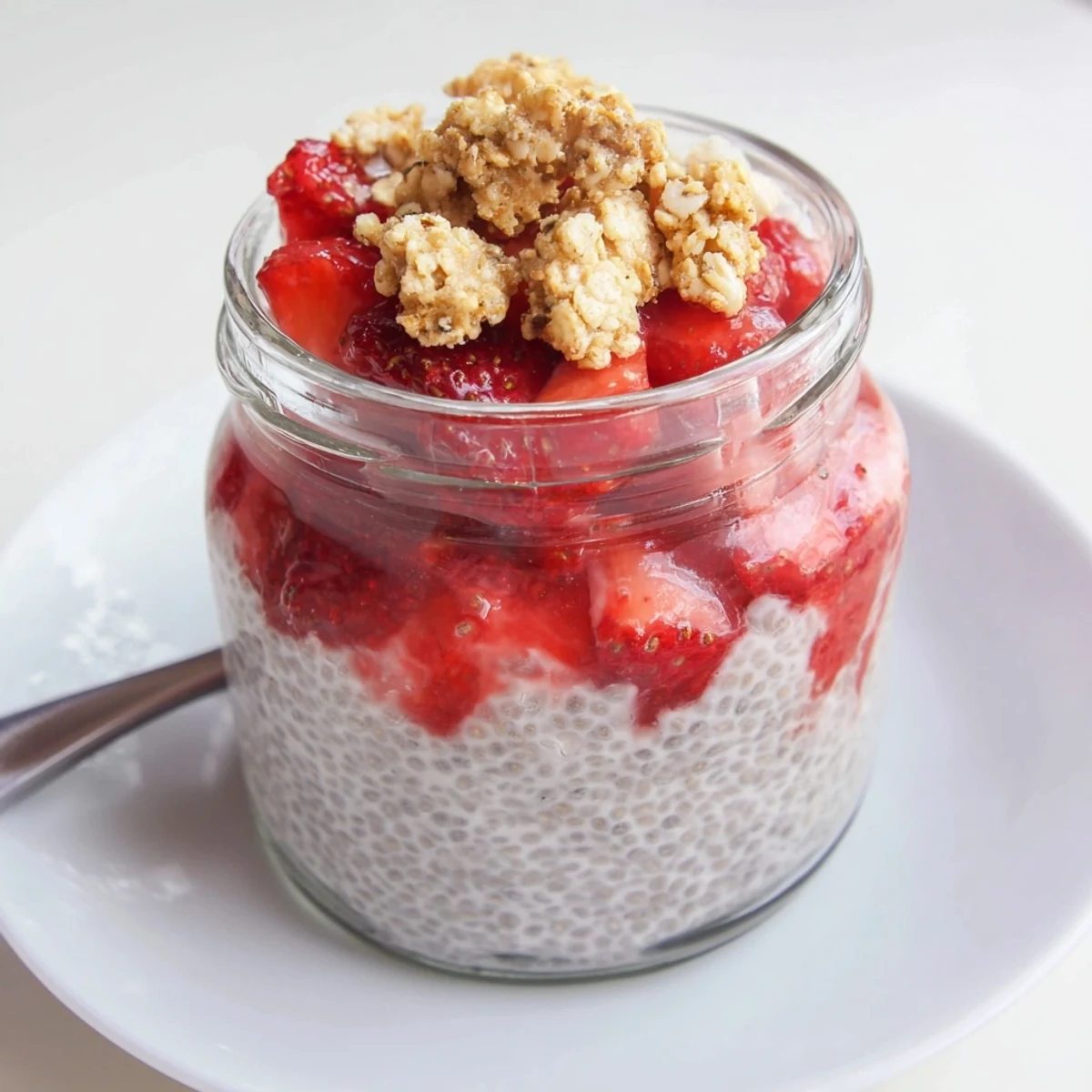 Strawberry Crumble Chia Pudding served chilled for breakfast with fresh mint