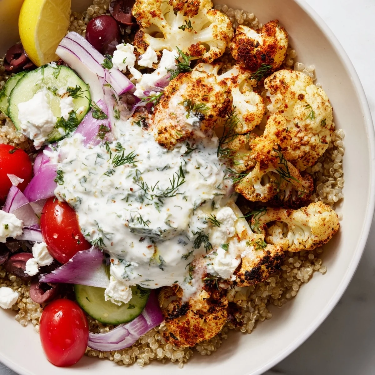 Golden roasted Greek Cauliflower Bowl topped with crumbled feta, olives, and creamy tzatziki drizzle