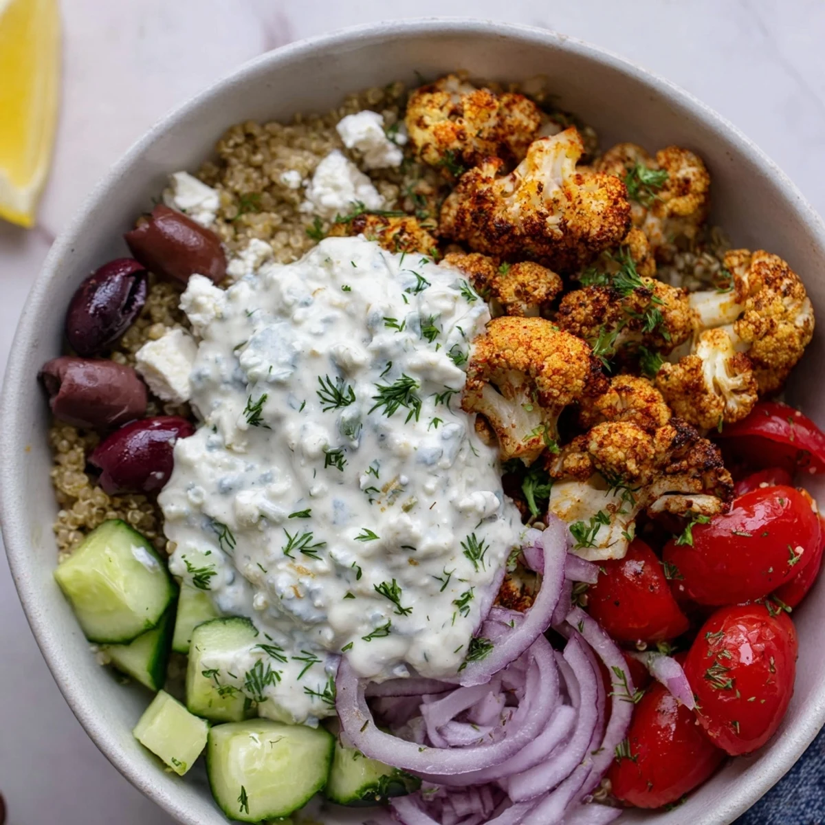 Vibrant Greek Cauliflower Bowl served on rustic wood with juicy tomatoes, cucumber, and fresh parsley