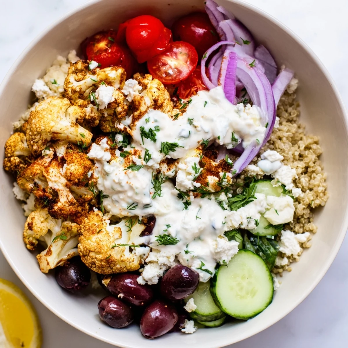 Steaming Greek Cauliflower Bowl layered over fluffy quinoa with tangy feta and cool tzatziki sauce