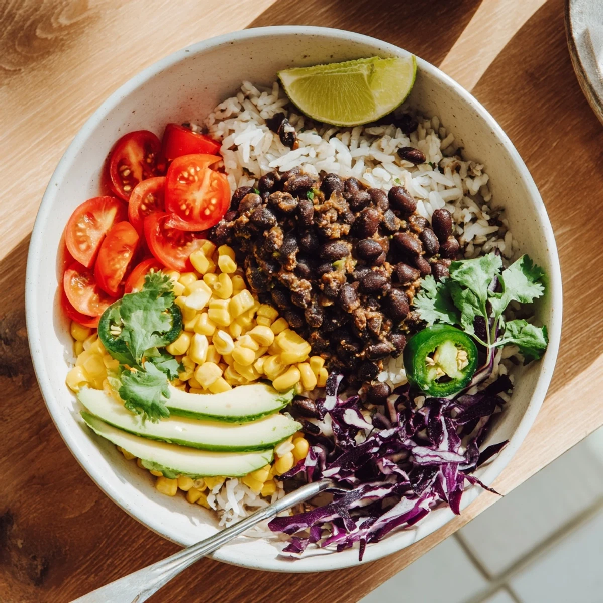 Colorful black bean and rice bowl with cherry tomatoes corn and shredded cabbage
