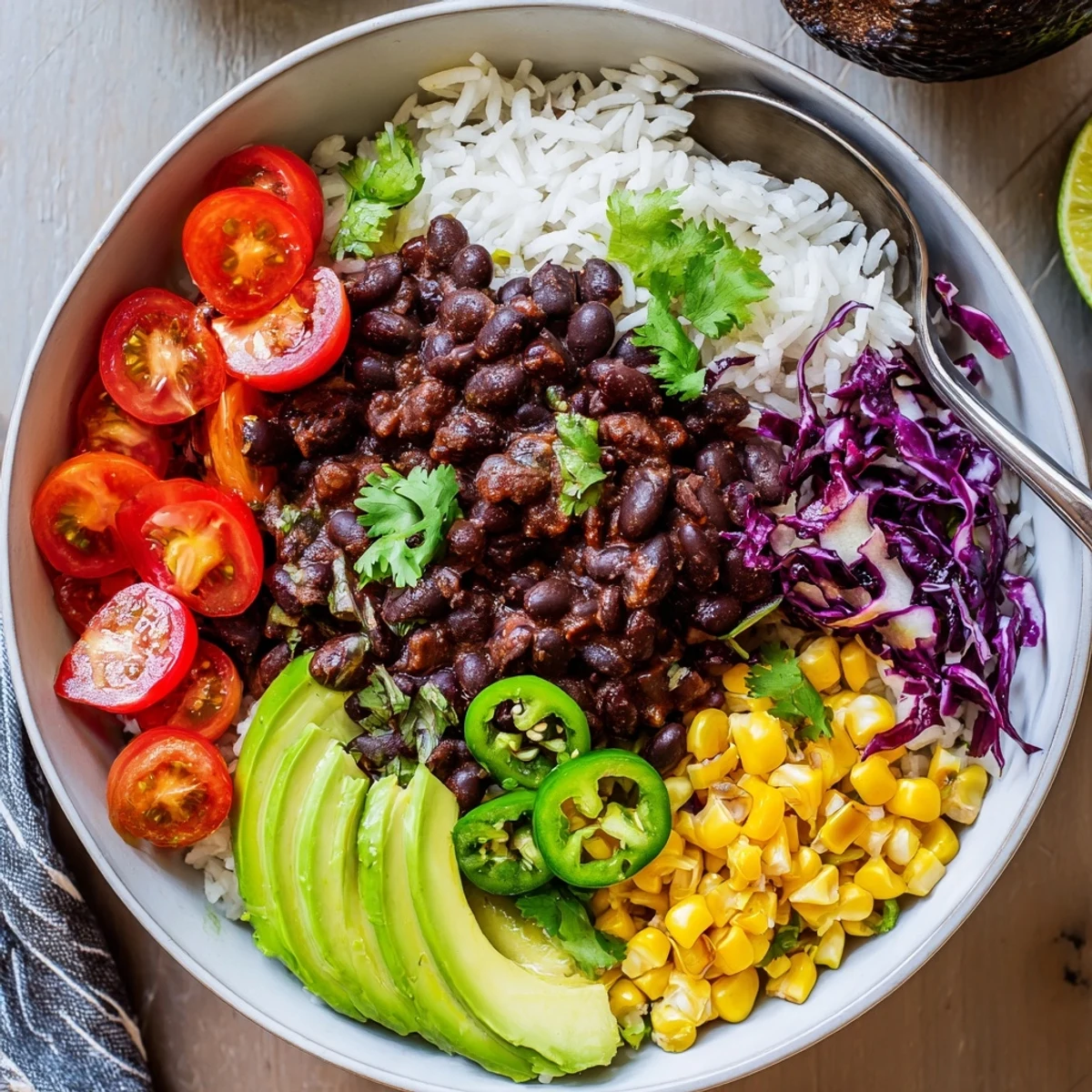 Warm black bean and rice bowl garnished with lime wedges and jalapeño slices