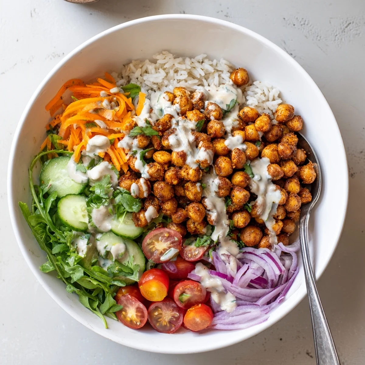 Golden roasted chickpea shawarma bowl topped with creamy tahini sauce and fresh vegetables