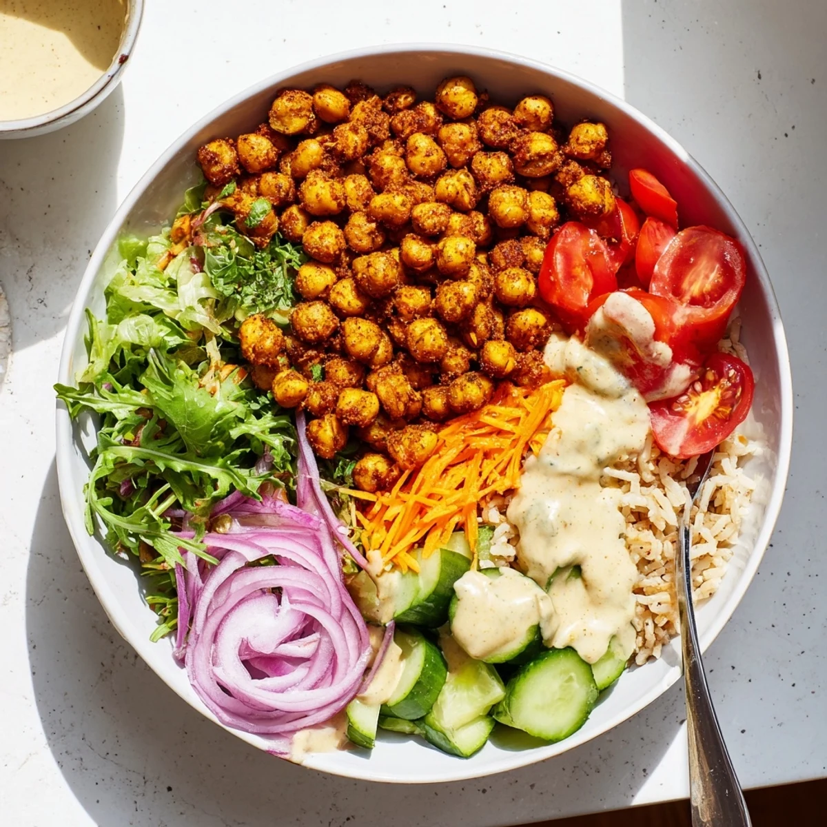 Crispy spiced chickpea shawarma bowl served over fluffy rice with colorful crunchy greens