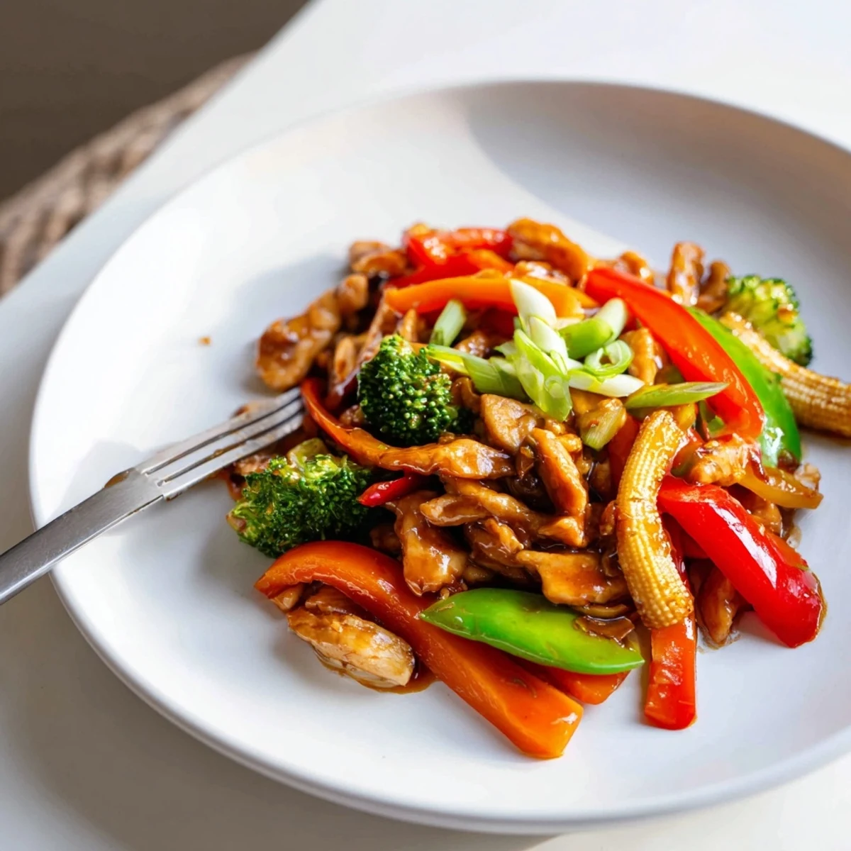 Tender sliced chicken tossed in bold Hunan sauce with vibrant stir-fried vegetables