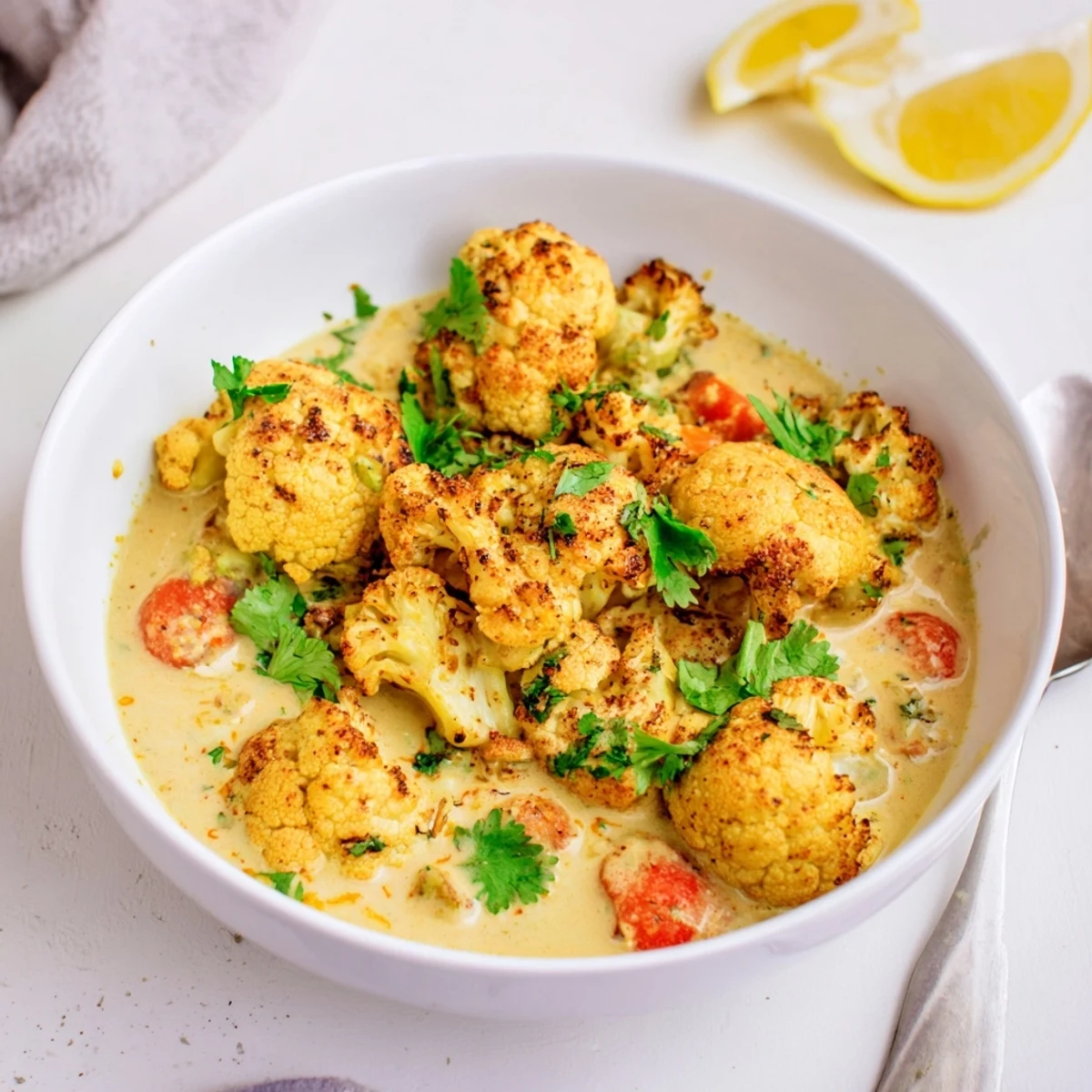 Golden roasted cauliflower florets coated in a creamy, spiced Greek Yogurt Cauliflower Curry sauce.