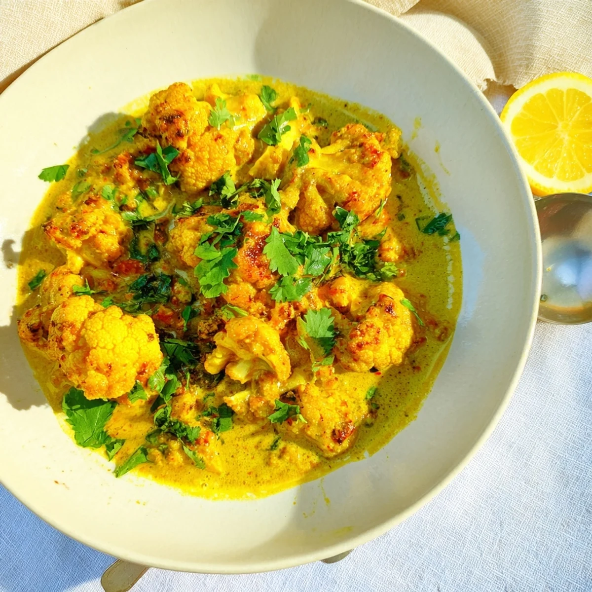A steaming bowl of Greek Yogurt Cauliflower Curry topped with fresh cilantro and lemon.