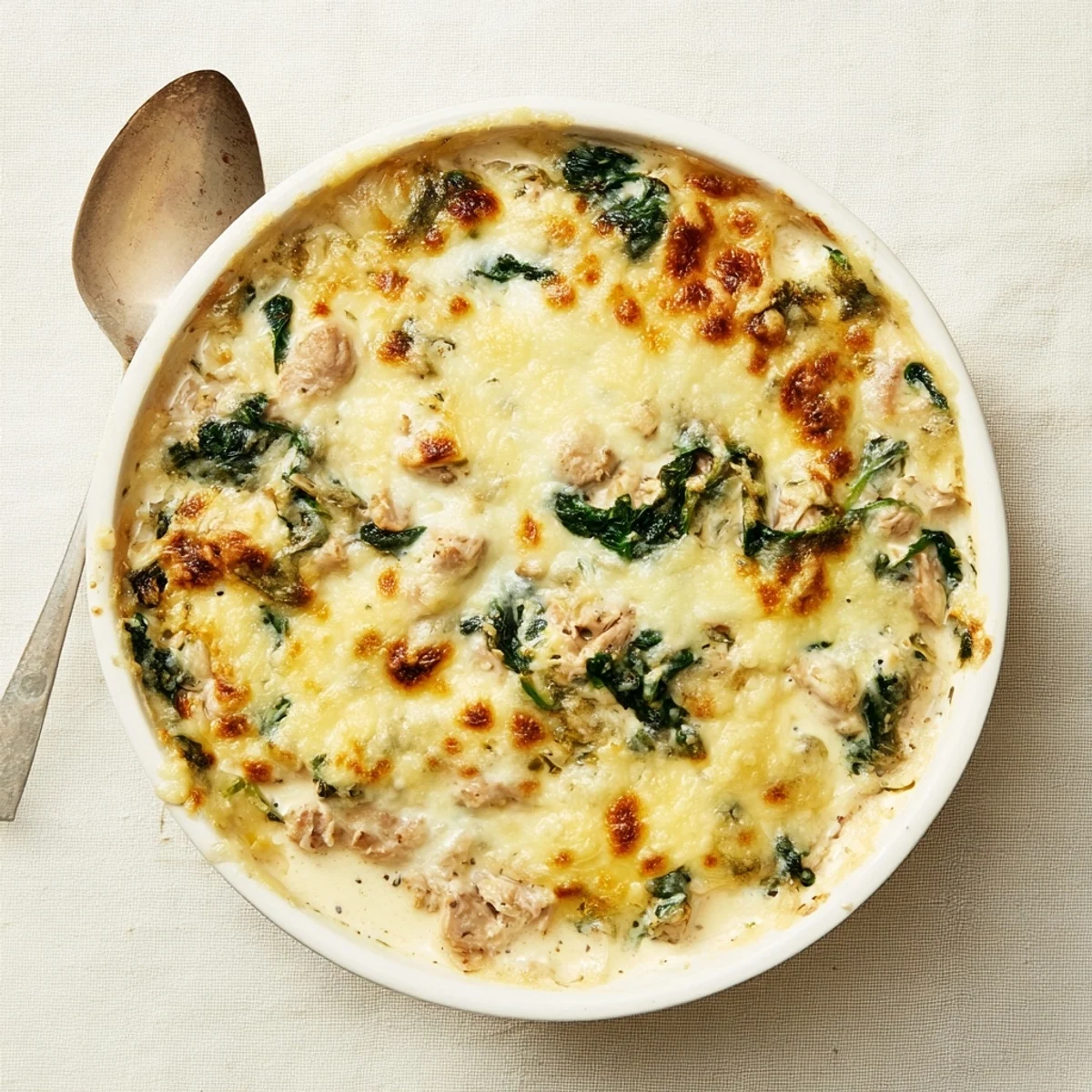 Creamy chicken spinach casserole with bubbly golden cheese pulled fresh from the oven