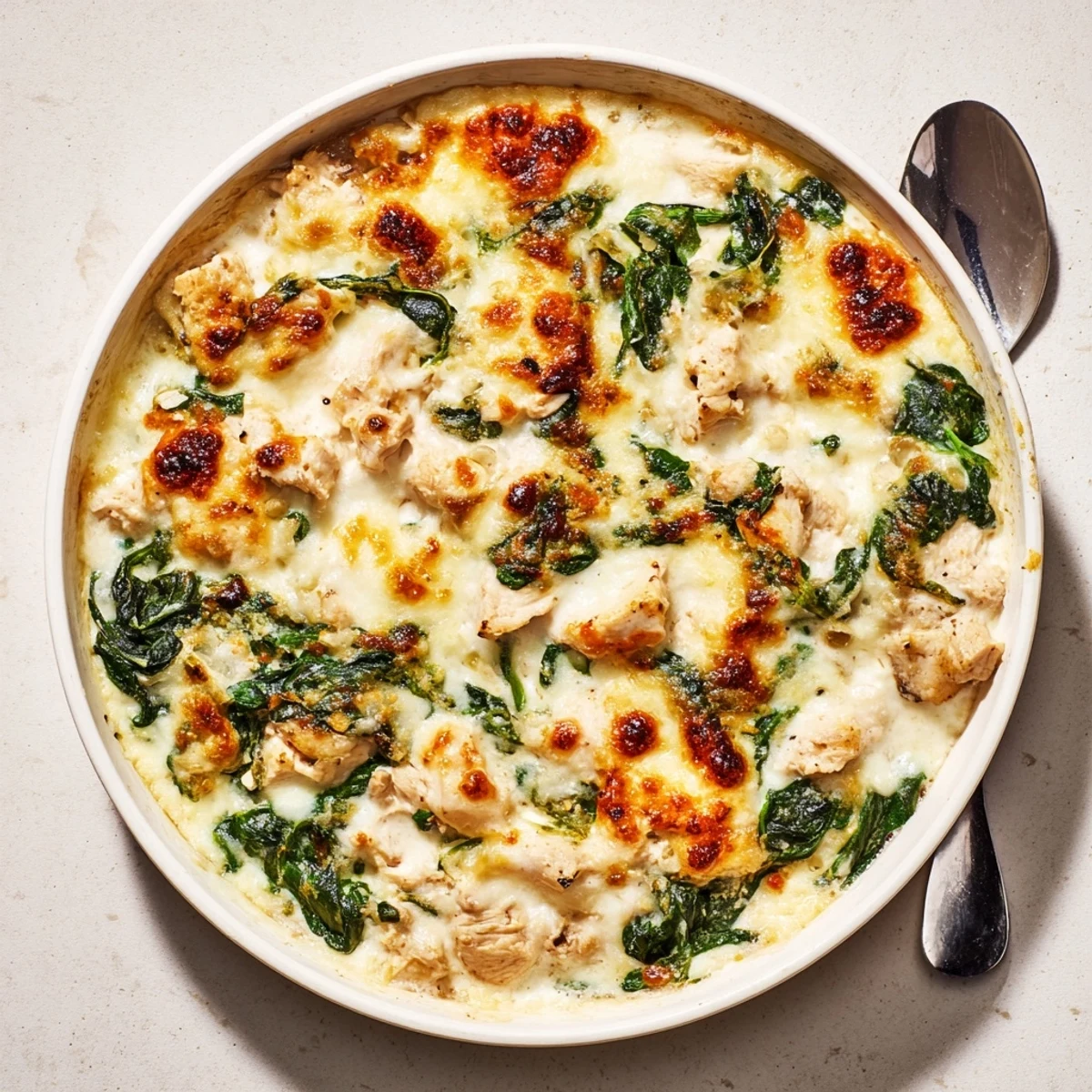 Tender chicken and wilted spinach smothered in rich sauce inside this creamy casserole