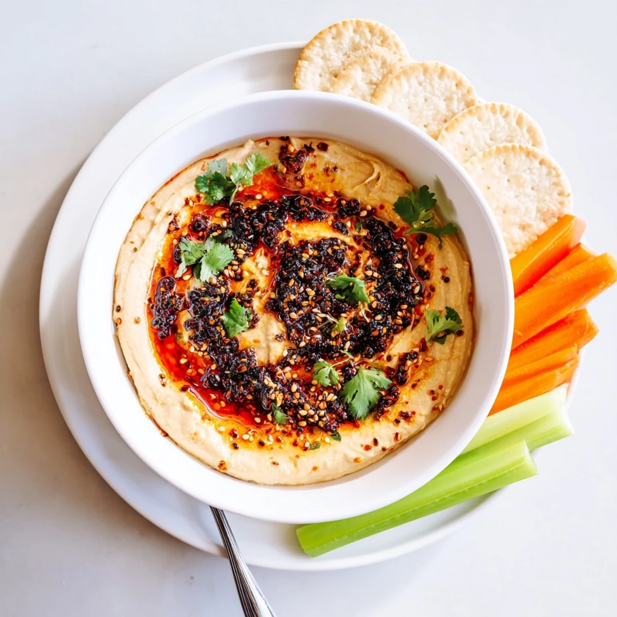 Creamy charred scallion and chili crisp dip topped with crunchy oil and sesame seeds