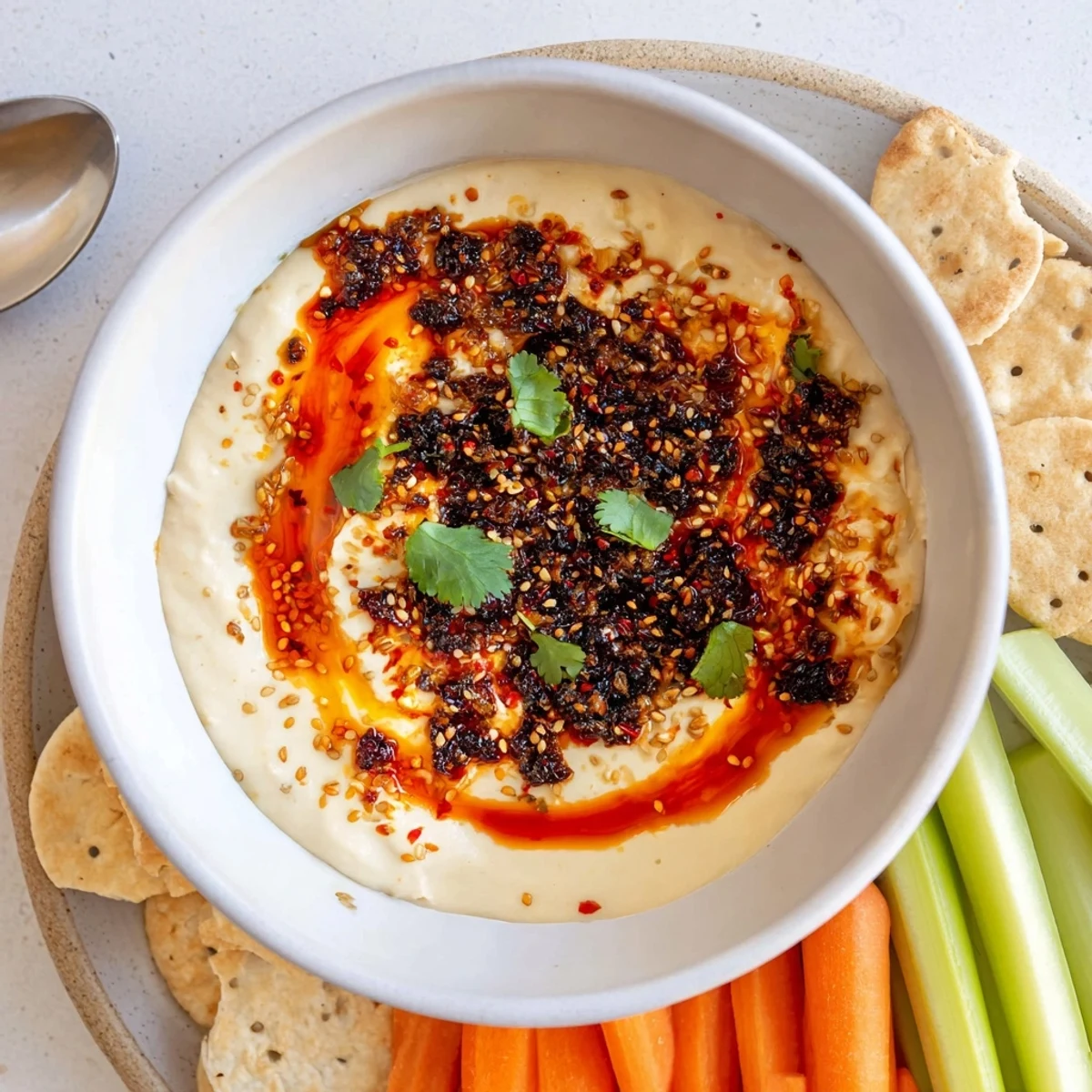 Smoky charred scallion and chili crisp dip served in a rustic bowl with tortilla chips