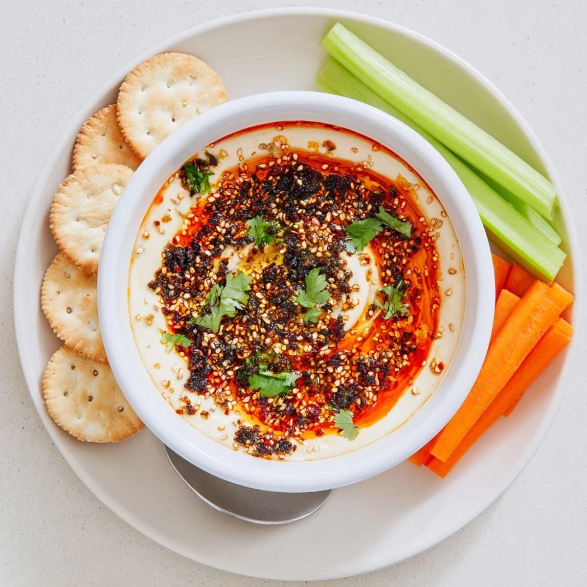 Bold charred scallion and chili crisp dip swirled with red chili oil and fresh cilantro