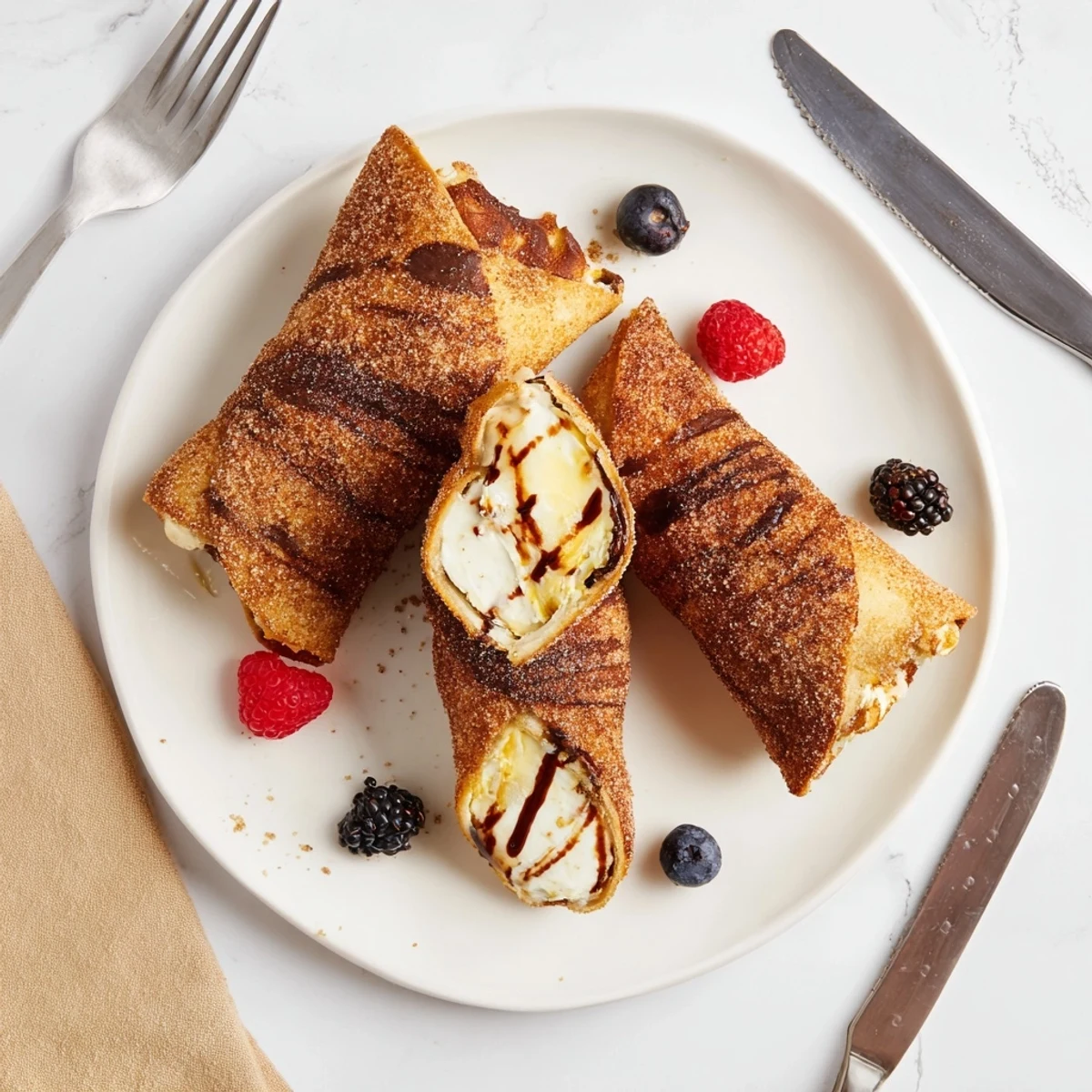 Golden cheesecake chimichangas dusted with cinnamon sugar on a rustic plate