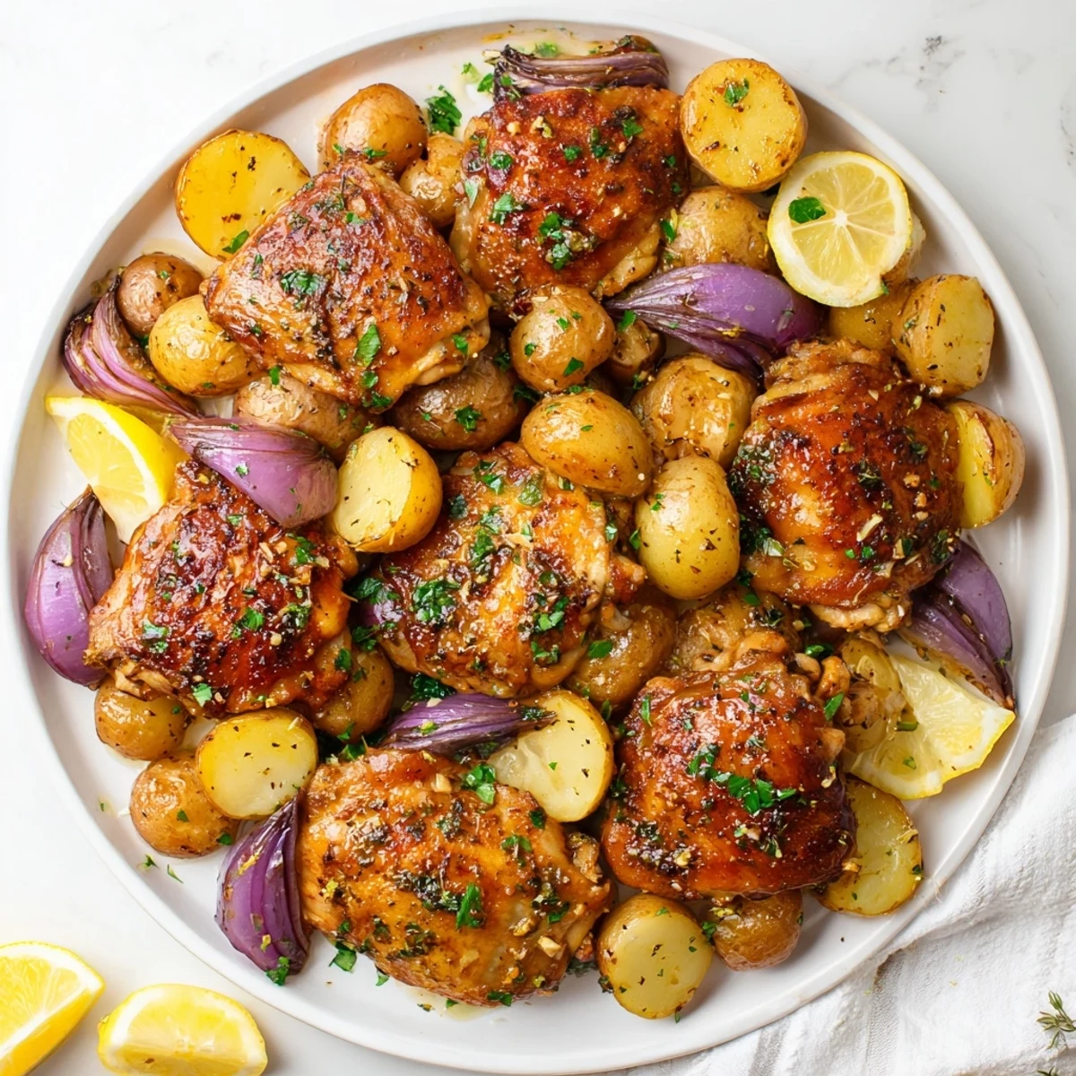 Golden crispy baked honey lemon chicken and potatoes drizzled with sticky sweet glaze on a rustic sheet pan