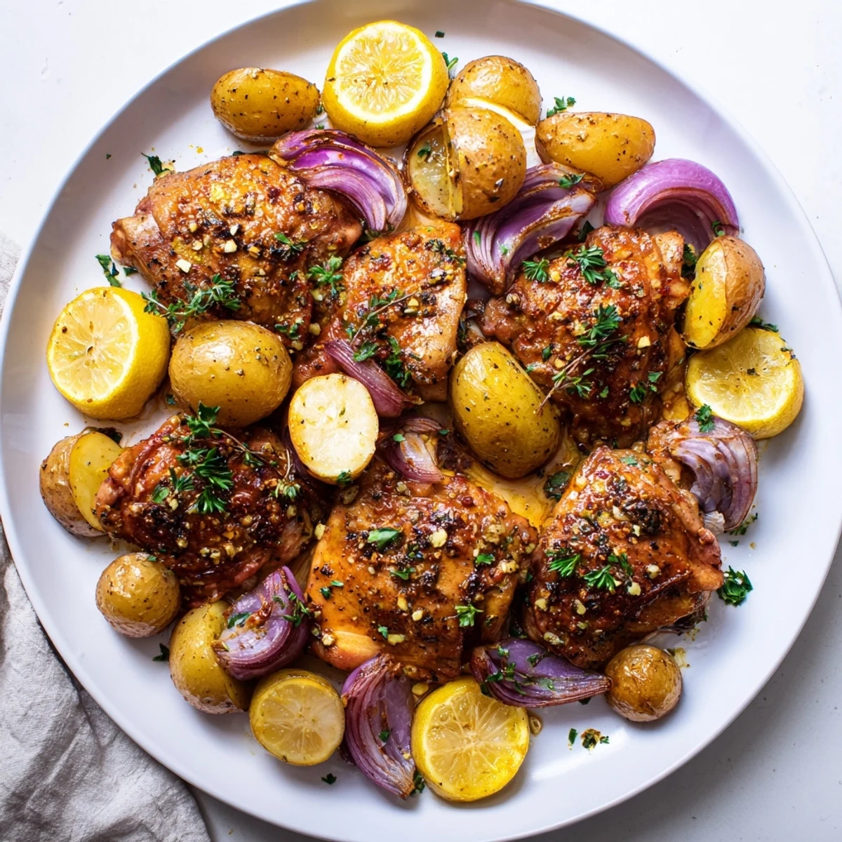 Juicy caramelized baked honey lemon chicken and potatoes garnished with fresh parsley and bright lemon slices