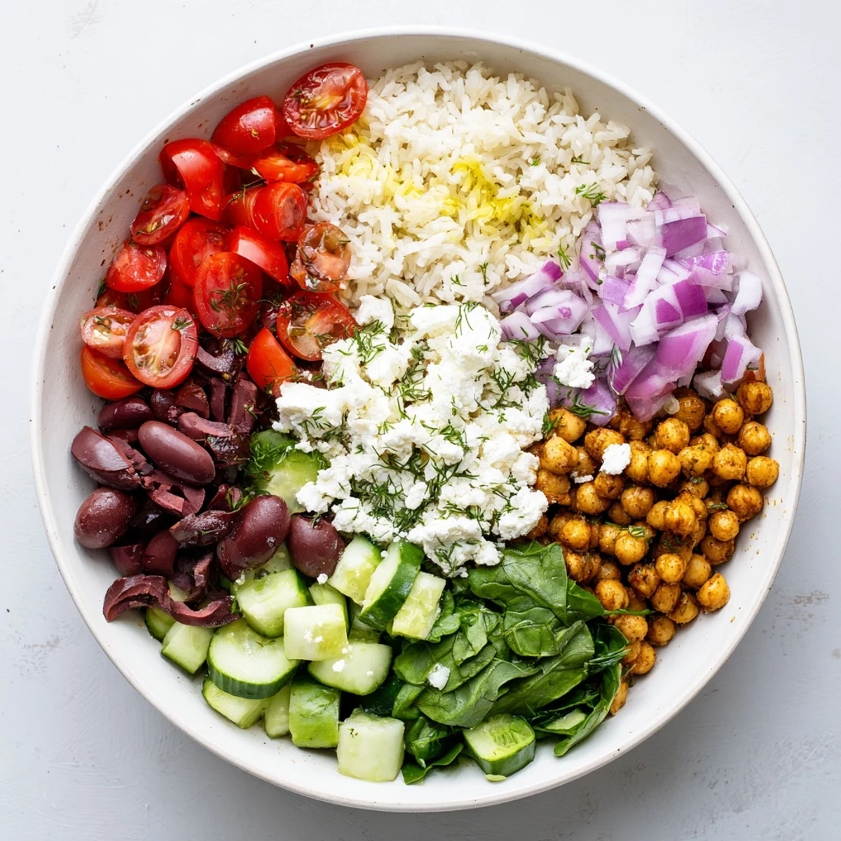 Colorful Mediterranean Rice Bowl topped with crisp veggies, crumbled feta, and fresh herbs