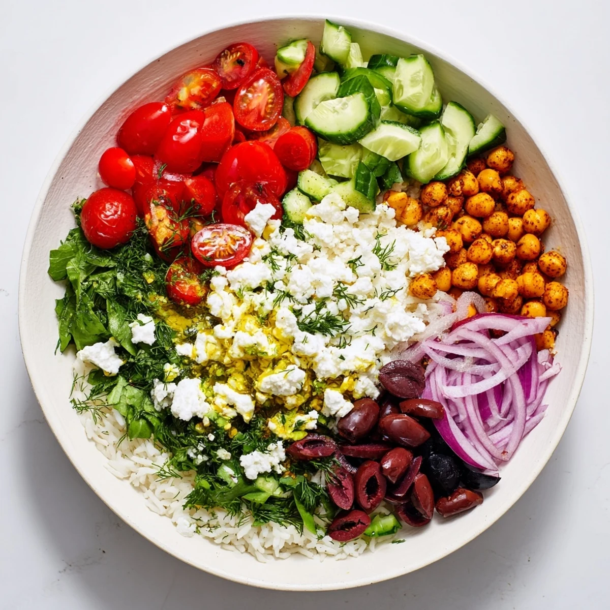 Fluffy Mediterranean Rice Bowl drizzled with bright lemon herb dressing and seasonal vegetables