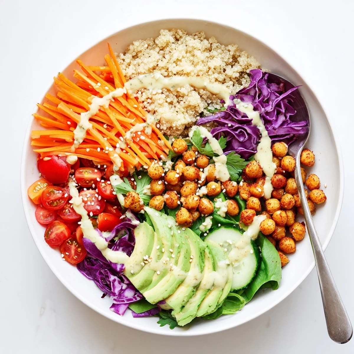 Colorful Buddha Bowl with crispy chickpeas, fresh veggies, and creamy tahini dressing