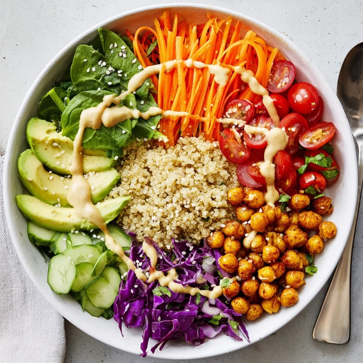 Vibrant Buddha Bowl featuring roasted chickpeas, sliced avocado, and rainbow vegetables