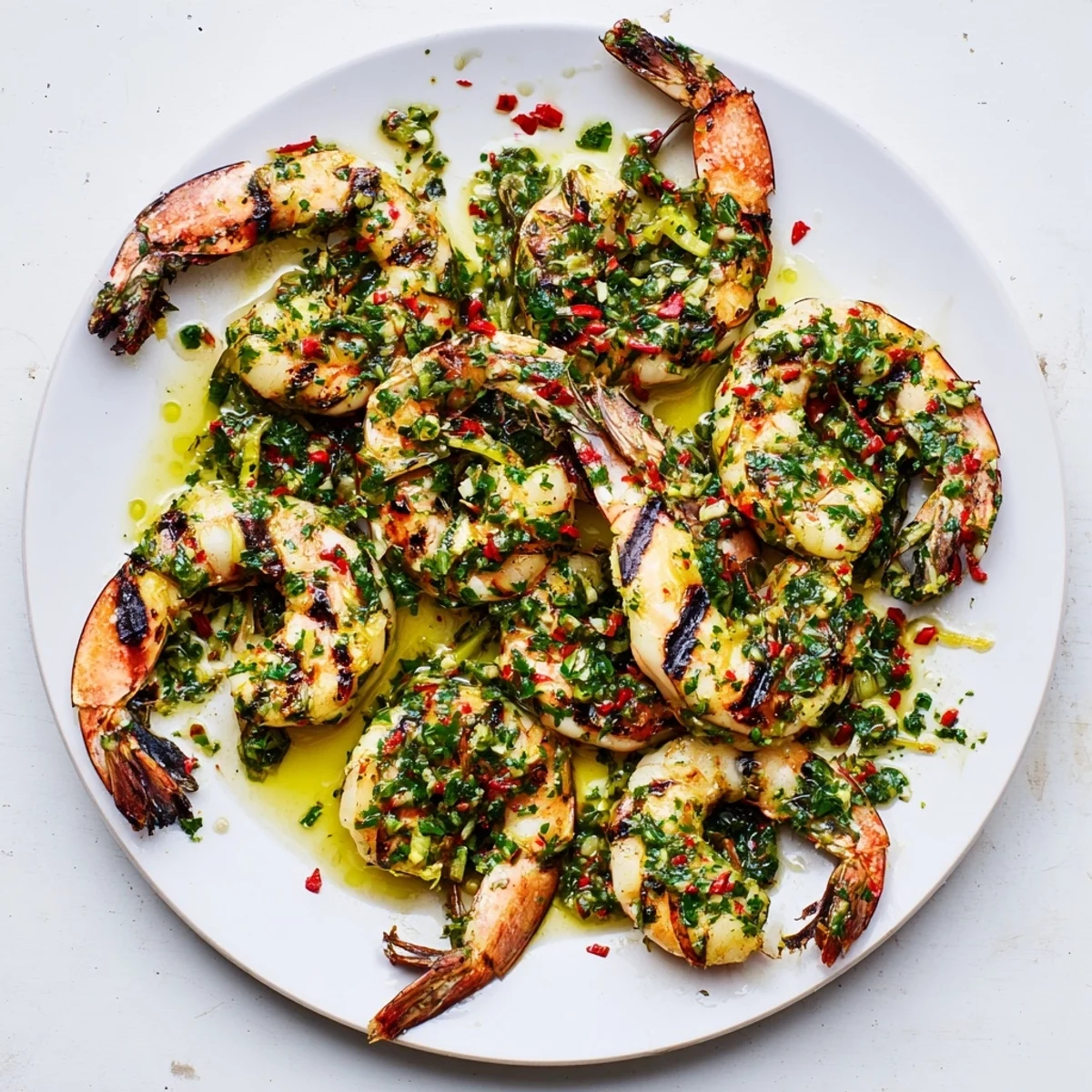 Golden chimichurri shrimp sizzling on a grill with fresh herb oil drizzle