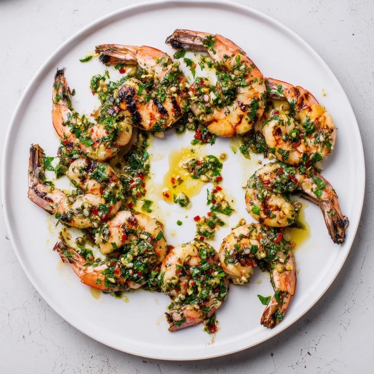 Juicy grilled chimichurri shrimp plated over white rice with vibrant green parsley sauce